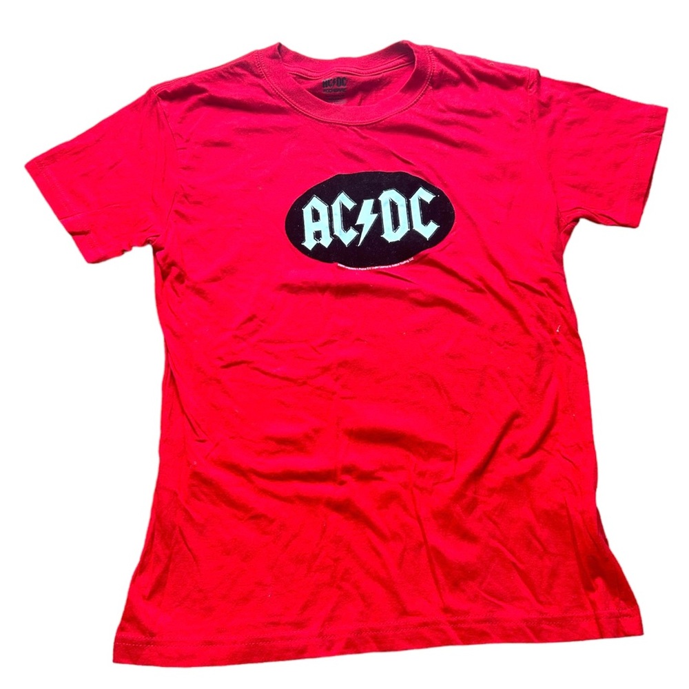 AC/DC Red Black Felt Band Tee Rockwear XS S Ladies